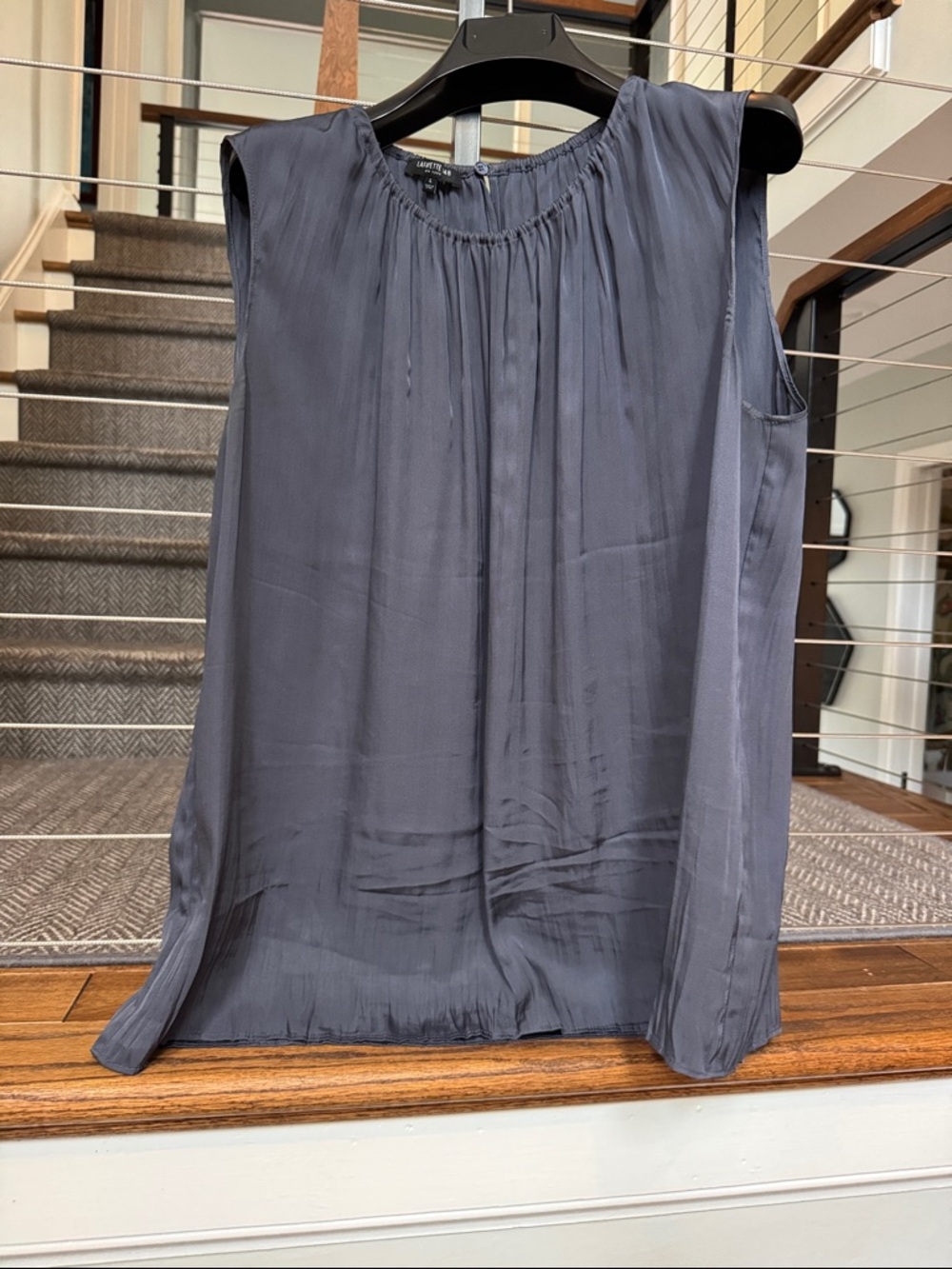 Lafayette 148 Sleeveless Gathered Neck Textured Silk Shell Top - Slate Gray